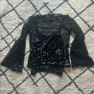 INC International Concepts Black Sequin Bell Sleeve Bodysuit